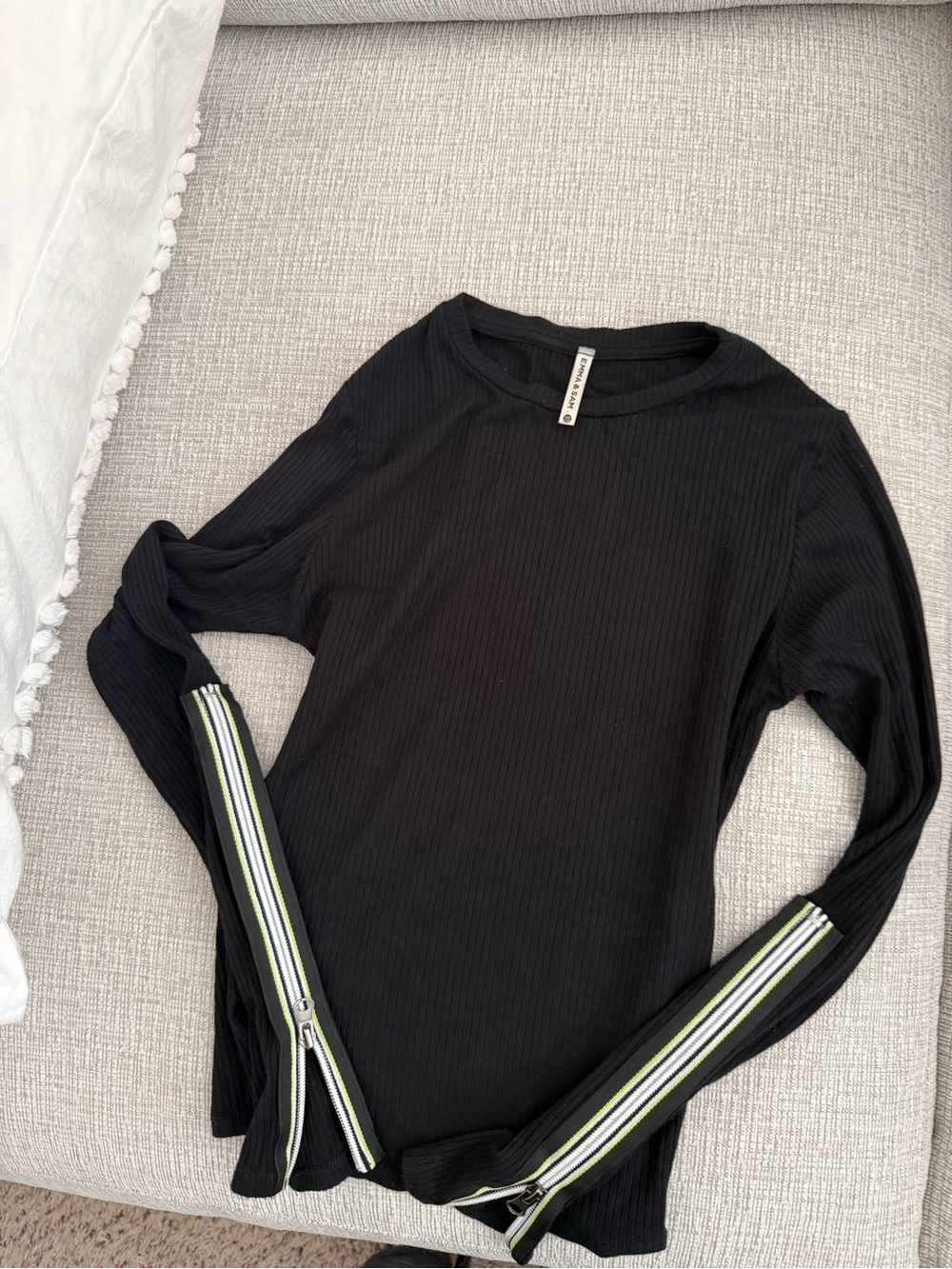 Emma and Sam Black Ribbed Long Sleeve Top with Stripe Zip Sleeves